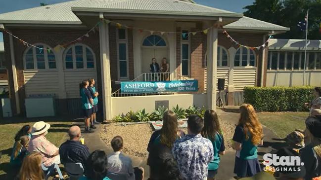 In the series, locals gather around the fictional Ashford State High School to open a 25-year-old time capsule. Picture: YouTube / Stan Australia