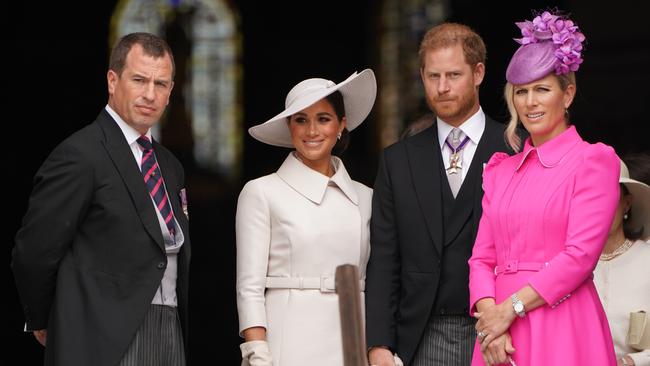 Peter Phillips, Meghan, Duchess of Sussex, Prince Harry and Zara Tindall leave after the National Service of Thanksgiving on June 3, 2022 in London. Picture: Kirsty O'Connor/WPA Pool/Getty Images