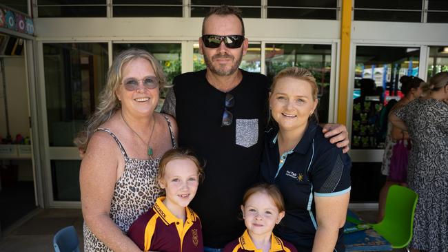 Nana, Mark Bailey, Hayley Cain, Tayla Bailey, and Charli Bailey at the first day of school at Monkland State School. January 22, 2024. Picture: Christine Schindler