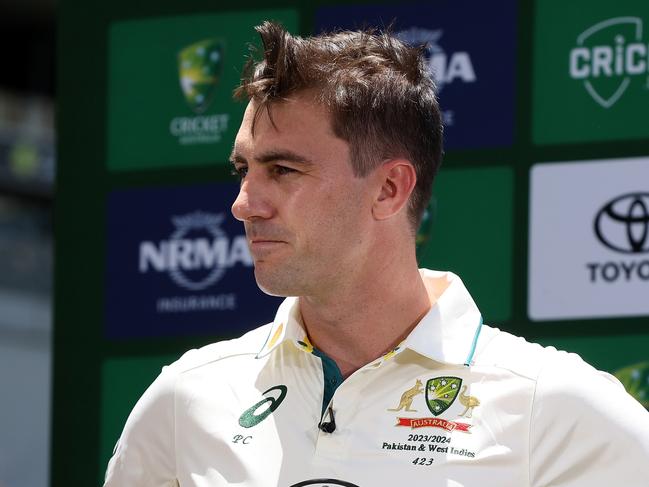 PERTH, AUSTRALIA - DECEMBER 13: Pat Cummins of Australia addresses the media at a press conference ahead of the Australia v Pakistan - Men's 1st Test Match at Optus Stadium on December 13, 2023 in Perth, Australia. (Photo by Paul Kane/Getty Images)