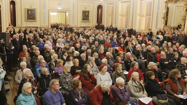 The crowd at last night’s Hobart Not Highrise meeting. Picture: MATHEW FARRELL