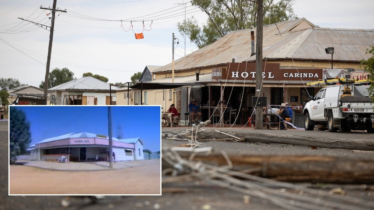 The damage done to a tiny pub in Carinda and how it appeared in the David Bowie video.