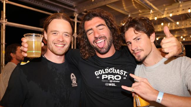 Ash Withell, Benji Leyland and Jeremy Anderson at the WSL Gold Coast Pro 2025 after party at Burleigh Pavilion for Gold Coast at Large. Picture, Portia Large.
