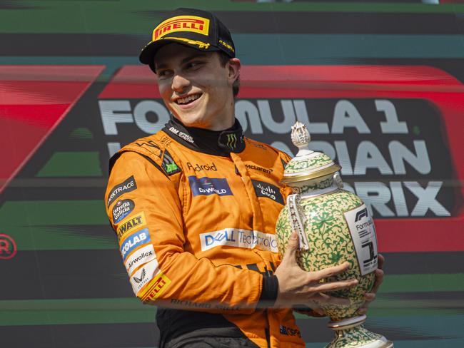 Oscar Piastri of Australia and McLaren F1 Team driver is holding the trophy after the race at the Formula 1 Hungarian Grand Prix in Mogyorod, Hungary, on July 21, 2024. (Photo by Robert Szaniszlo/NurPhoto via Getty Images)