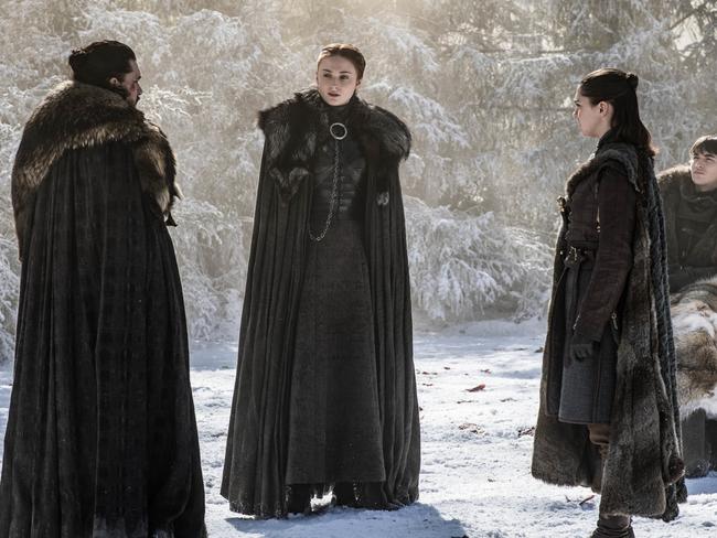 Maisie Williams (right) with co-stars Kit Harington and Sophie Turner in Game of Thrones. Picture: HBO