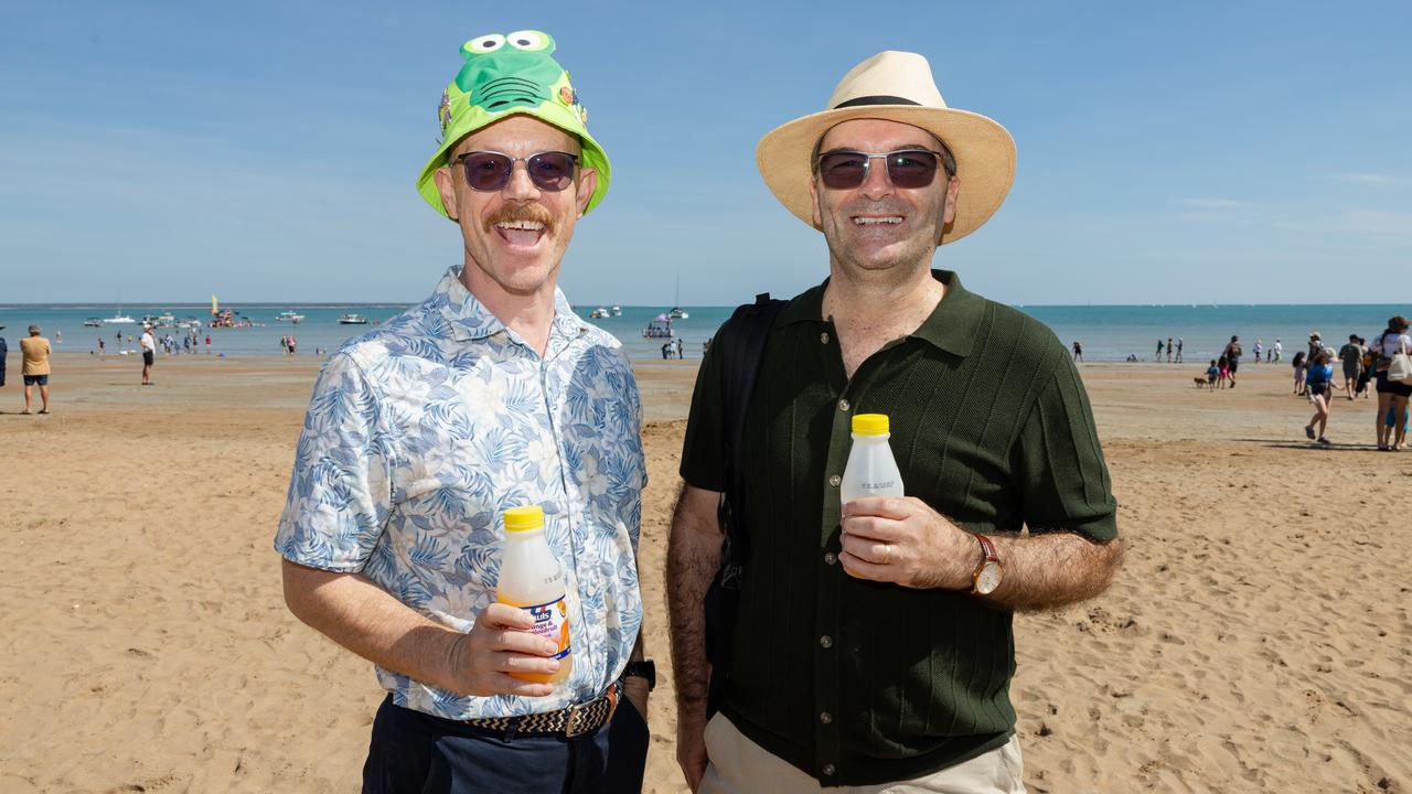Bruce Dale and Murray Anderson at the Darwin Beer Can Regatta at Mindil Beach, 2025. Picture: Pema Tamang Pakhrin