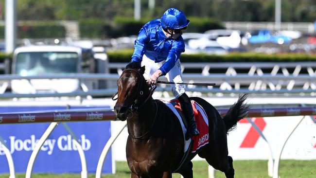 James McDonald admires his work aboard Broadsiding in the Group 1 JJ Atkins for trainer James Cummings. Picture: Grant Peters - Trackside Photography