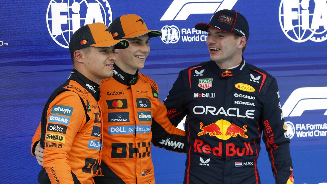 Lando Norris, Oscar Piastri and Max Verstappen after qualifying for the Spanish Grand Prix. (AP Photo/Joan Monfort)