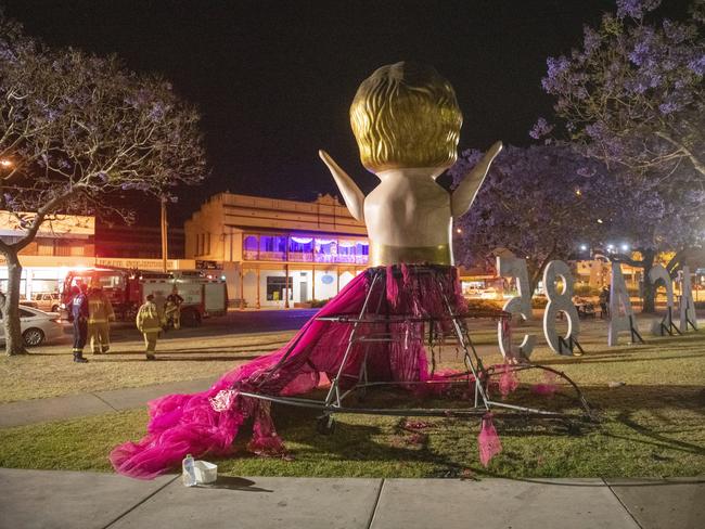 The damaged remains of the Kewpie doll "Jacaranda Jill" set alight in Market Square in 2019.