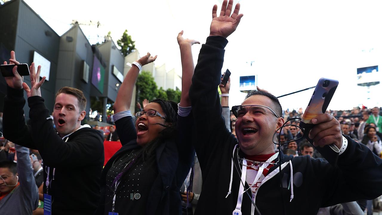 Attendees cheer before the start of the Google I/O 2018 Conference at Shoreline Amphitheater in Mountain View, California. Picture: Justin Sullivan/Getty Images/AFP