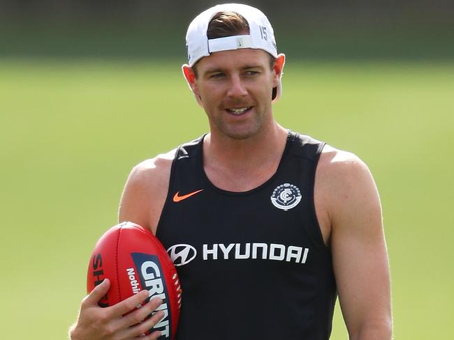 MELBOURNE, AUSTRALIA - NOVEMBER 21:  Sam Docherty of the Blues looks on during a Carlton Blues AFL training session at Ikon Park on November 21, 2018 in Melbourne, Australia.  (Photo by Scott Barbour/Getty Images)