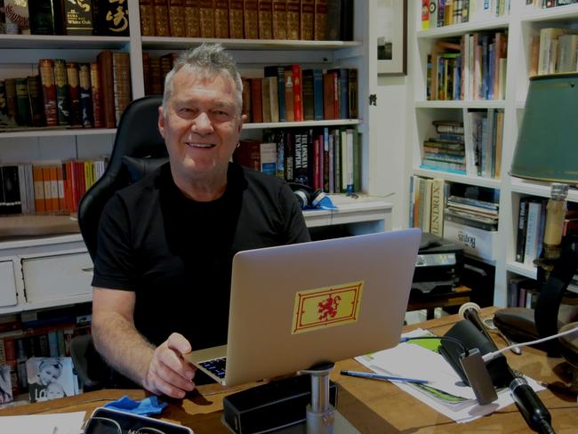 Jimmy Barnes working on his new book Killing Time in his Southern Highlands home. Picture: Supplied/Jimmy Barnes