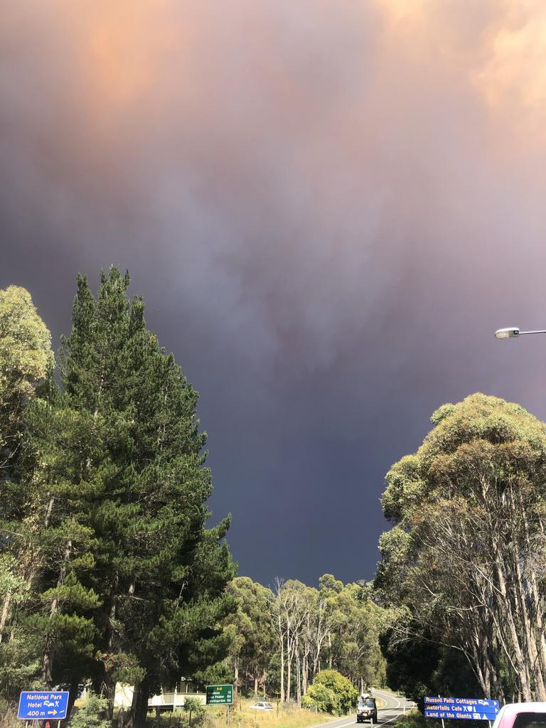 Smoke from bushfires darken the skies at Maydena Bike park. Picture: ALEX McWHIRTER 