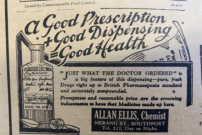 Allan Ellis, Chemist in Southport. Gold Coast Bulletin advertising, 1945