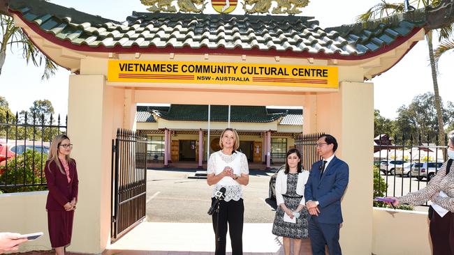 Labor Senator Kristina Keneally at the Vietnamese Community Cultural Centre on September 1, with Kate Hoang (left) and Paul Nguyen of the Vietnamese Community in Australia (VCA) and Fairfield councillor Sera Yilmaz. Picture: NCA NewsWire / Flavio Brancaleone