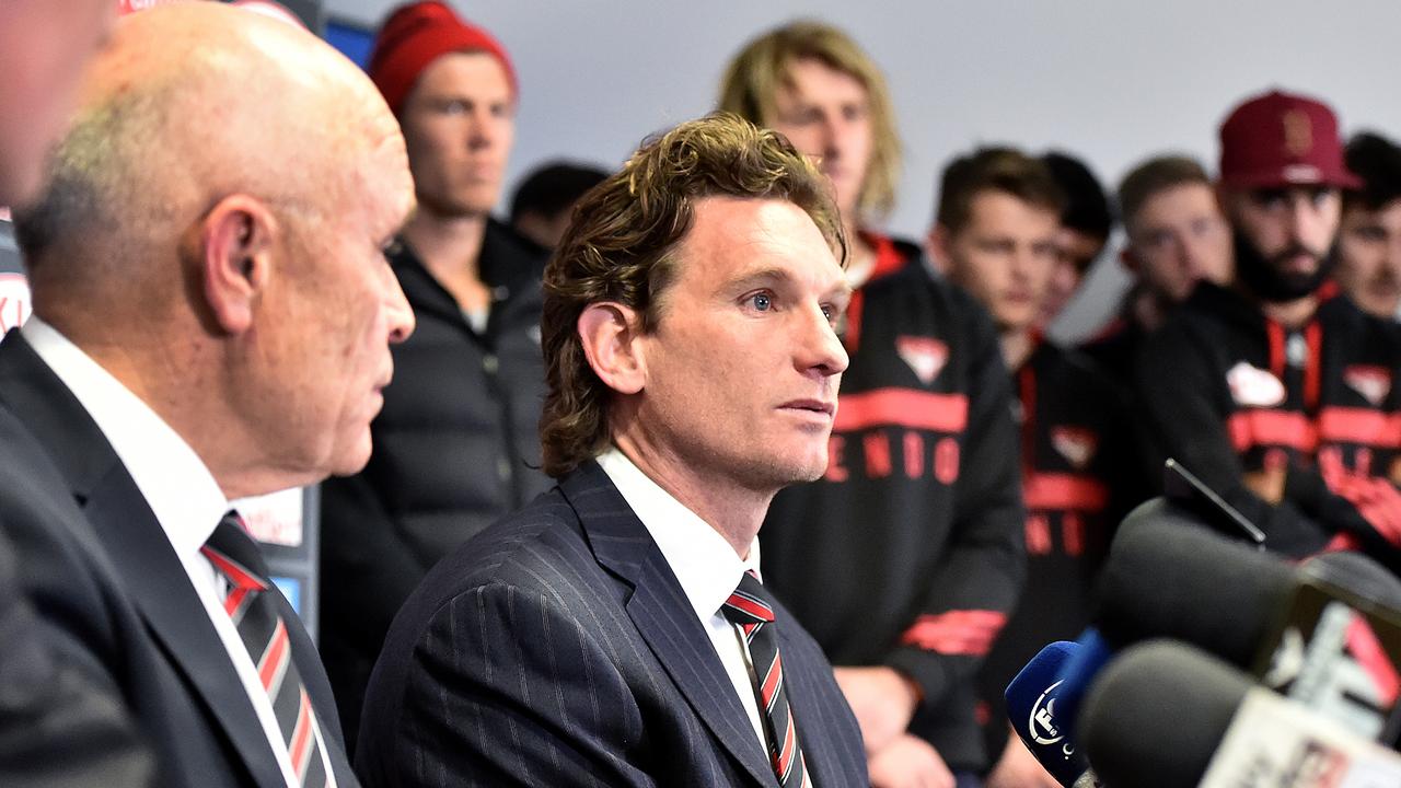 James Hird speaking to the media after stepping down as Essendon coach. Picture: AAP Images