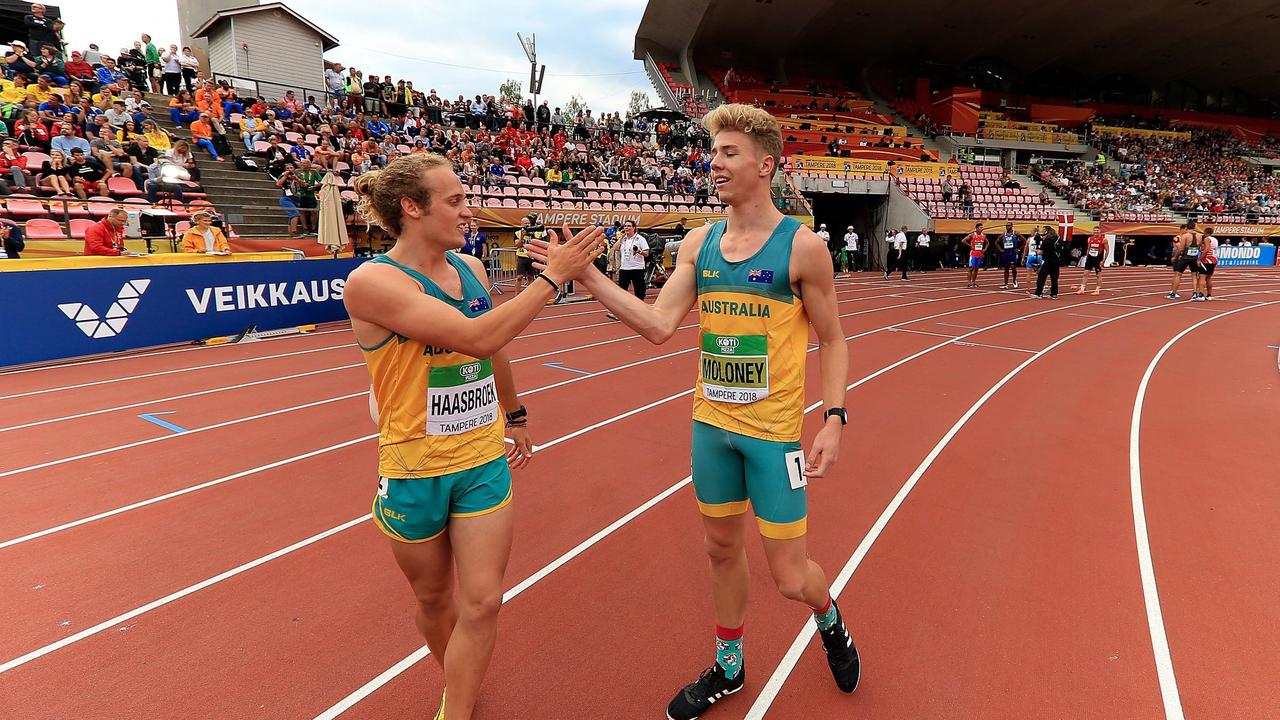 Ashley Moloney in 2018 at the IAAF World Athletics Championships in Tampere, Finland, alongside Gary Haasbroek. Picture: SUPPLIED.