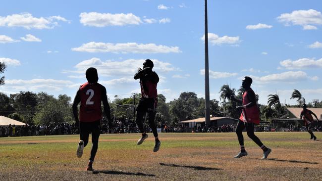 Thunderâ&#128;&#152;s Adam Tipungwuti celebrates his set-shot goal after taking the mark of the day in the Tiwi Island Football League grand final between Tuyu Buffaloes and Pumarali Thunder. Picture: Max Hatzoglou