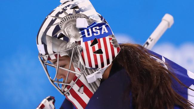 A detailed view of the helmet worn by Nicole Hensley with the Statue of Liberty on it. Picture: Getty