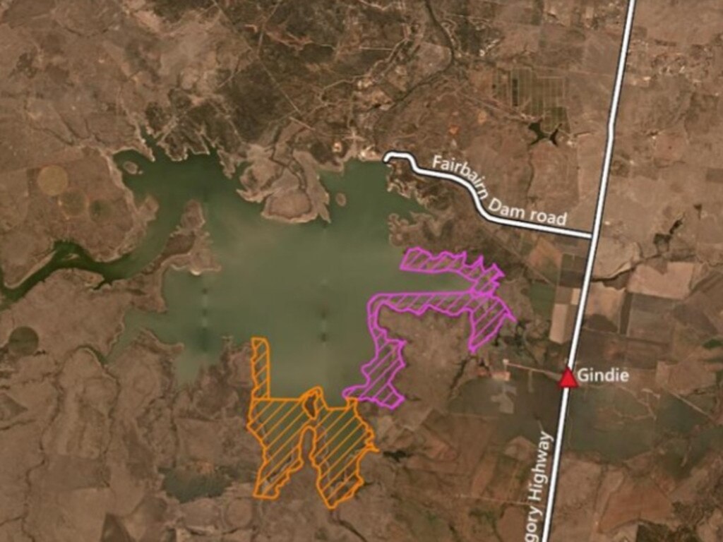 The project site within Lake Maraboon near Gindie in the Central Highlands, showing the two salvage phases of the project (orange is phase one and purple is phase two).