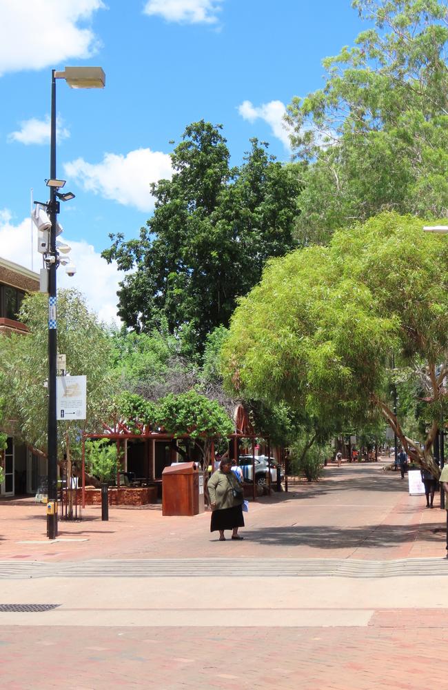 Alice Springs’ Todd Mall pictured almost empty in the middle of a February weekday, with the majority of businesses boarded up and closed. Picture: Annabel Bowles