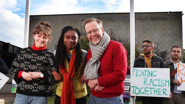 Georgia Spain of Hobart, Grace Williams director Citizen Tasmania and Duncan Spender CEO Multicultural Council of Tasmania. Anti-racism vigil outside Clarence City Council in response to Alderman Brendan Blomeley posting pictures of golliwogs on his Facebook page. Picture Nikki Davis-Jones