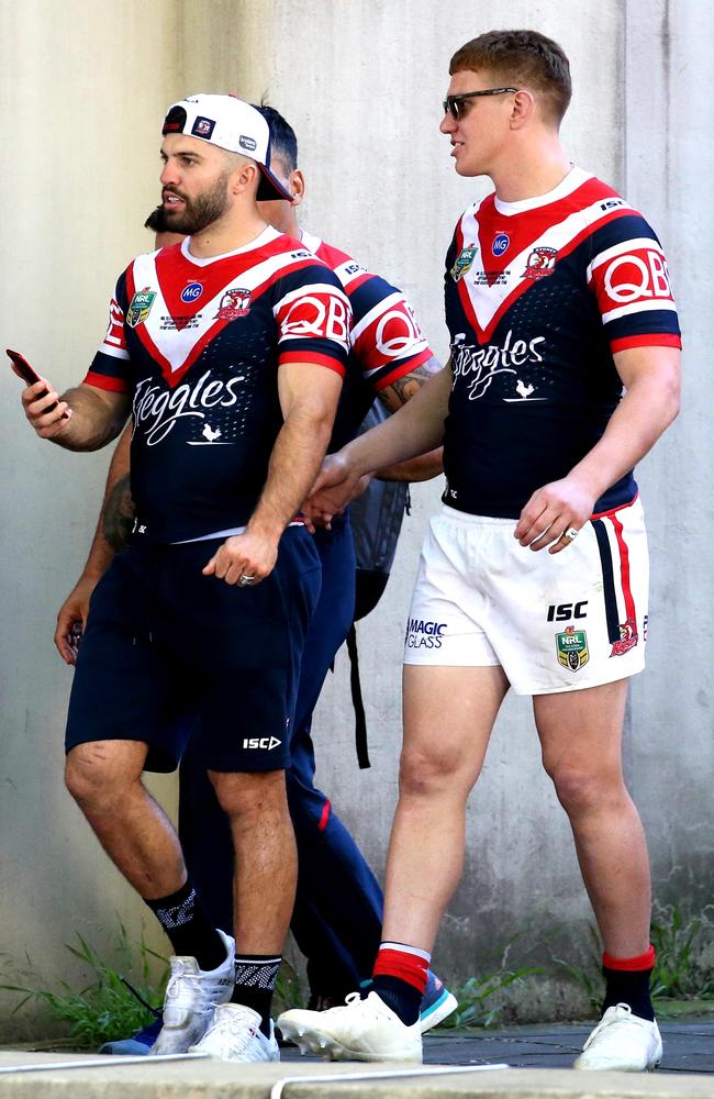 Dylan Napa celebrated Roosters’ Premiership win by staying in the gear he played in. Picture John Grainger