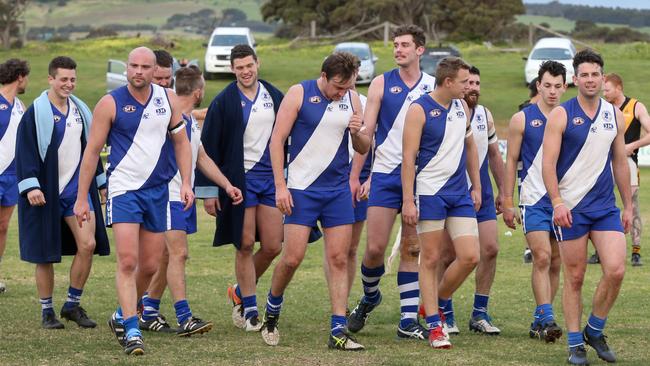 Port Noarlunga players happy after a win on August 26. Picture: AAP/Dean Martin