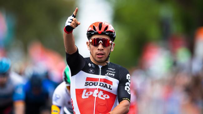 MURRAY BRIDGE, AUSTRALIA - JANUARY 24: Arrival / Caleb Ewan of Australia and Team Lotto-Soudal / Celebration / during the 22nd Santos Tour Down Under 2020, Stage 4 a 152,8km stage from Norwood to Murray Bridge / TDU / @tourdownunder / #UCIWT / on January 24, 2020 in Murray Bridge, Australia. (Photo by Daniel Kalisz/Getty Images)