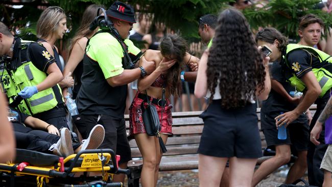 Revellers in trouble outside the Rolling Loud Festival in Sydney on Sunday. Picture: Damian Shaw