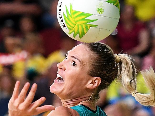 GOLD COAST, AUSTRALIA - APRIL 05: Caitlin Bassett of Australia competes during the Netball match between Australia and Northern Ireland on day one of the Gold Coast 2018 Commonwealth Games at Gold Coast Convention and Exhibition Centre on April 5, 2018 on the Gold Coast, Australia.  (Photo by Albert Perez/Getty Images)