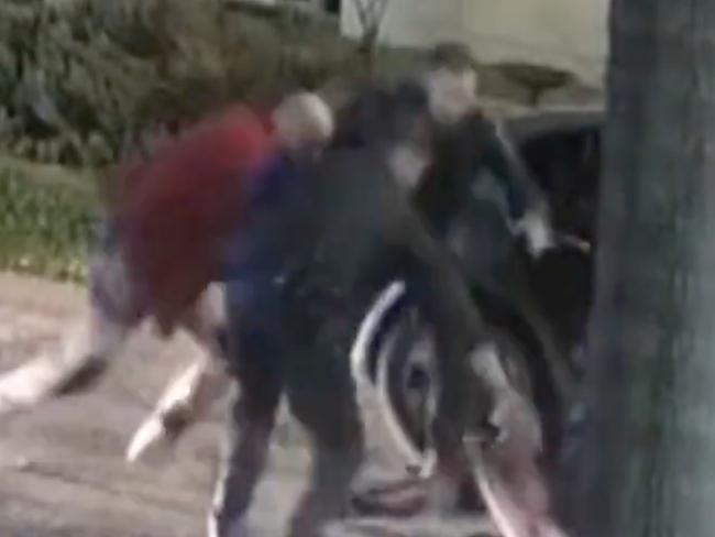 Security cameras have captured the dramatic arrest of a wanted man at Athol Park, Adelaide. He was being chased by police following an attempted home invasion and a violent stabbing at Seaton. Picture: 7NEWS