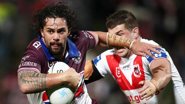 Josh Aloiai was among seven Manly players who refused to wear the club’s ‘pride’ jersey. Picture: Jason McCawley/Getty Images