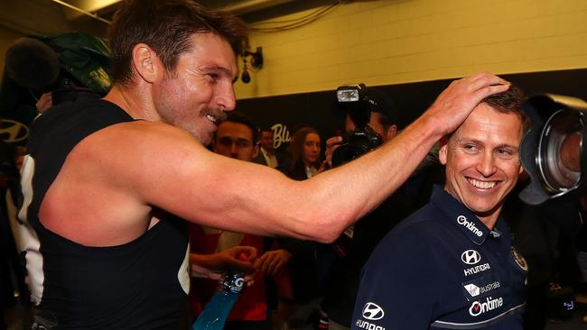 Dale Thomas (left) with Brendon Bolton after their tight win over Hawthorn in 2017. Pic: Michael Klein