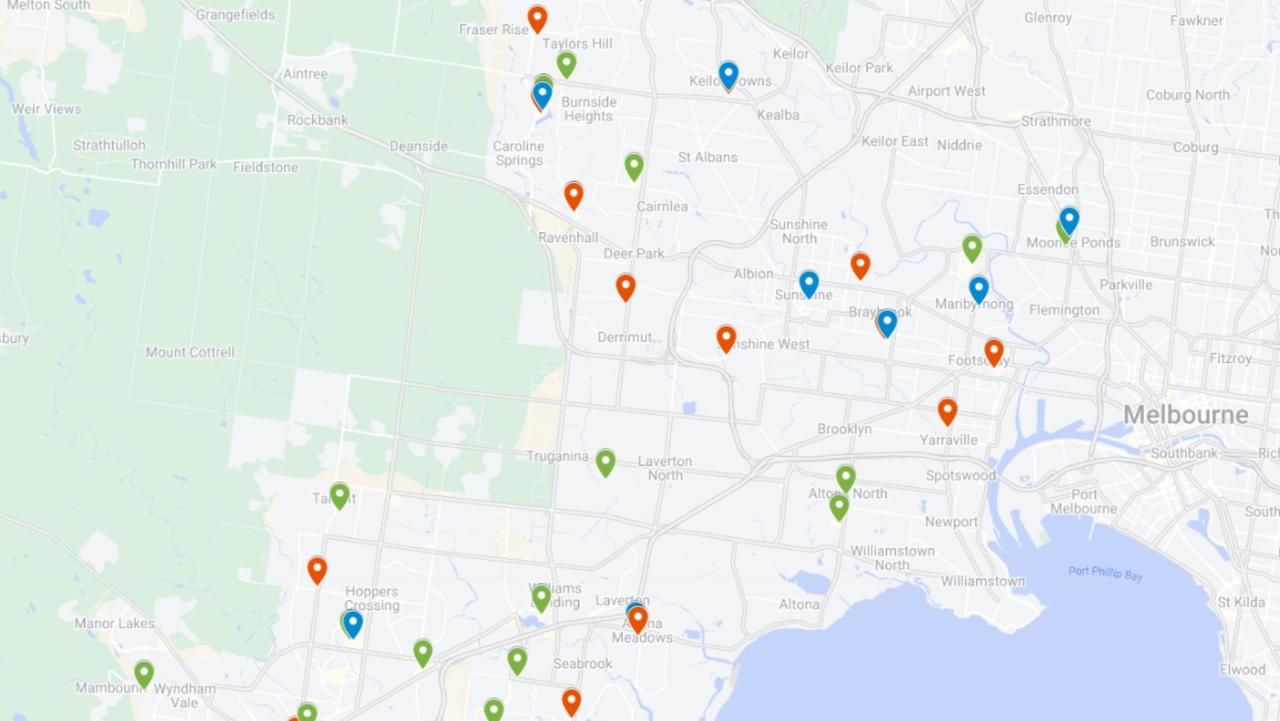 Some of the many Woolworths (green), Coles (red) and Aldi (blue) stores in Melbourne's west. Picture: news.com.au