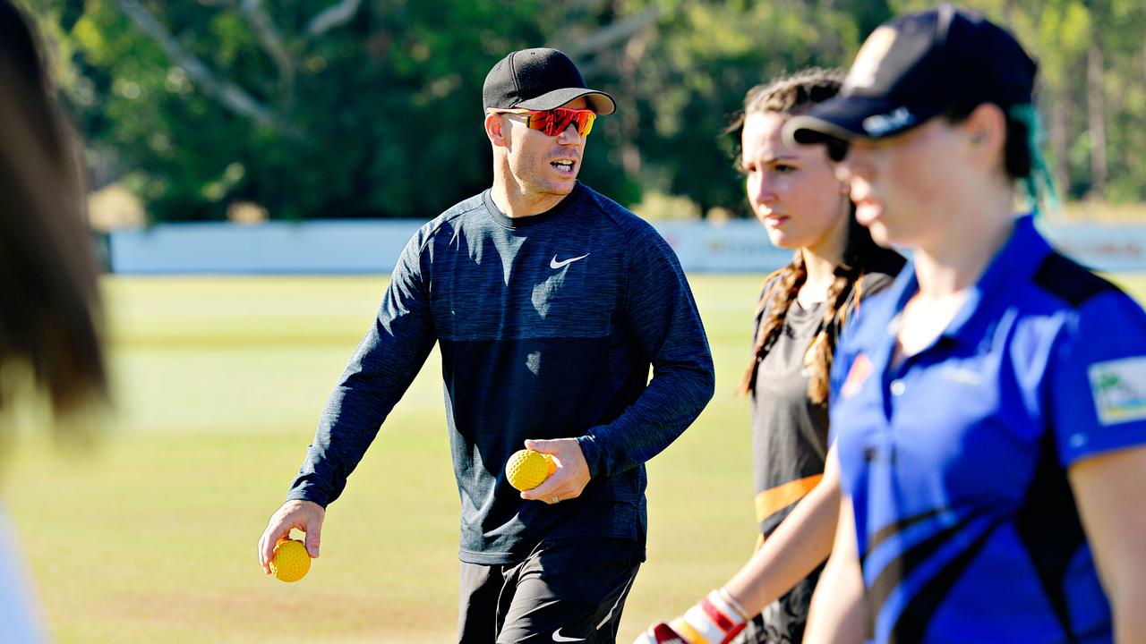 David Warner while attending a women's cricket coaching clinic at the Marrara cricket ground.