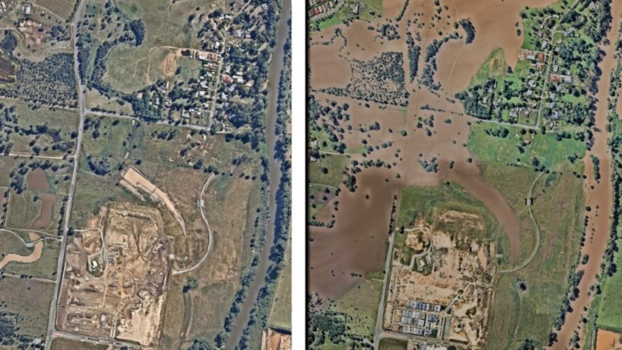 Logan Reserve with the usual water level, left; and the area in flood on the right. Picture: Cr Jacob Heremaia Facebook