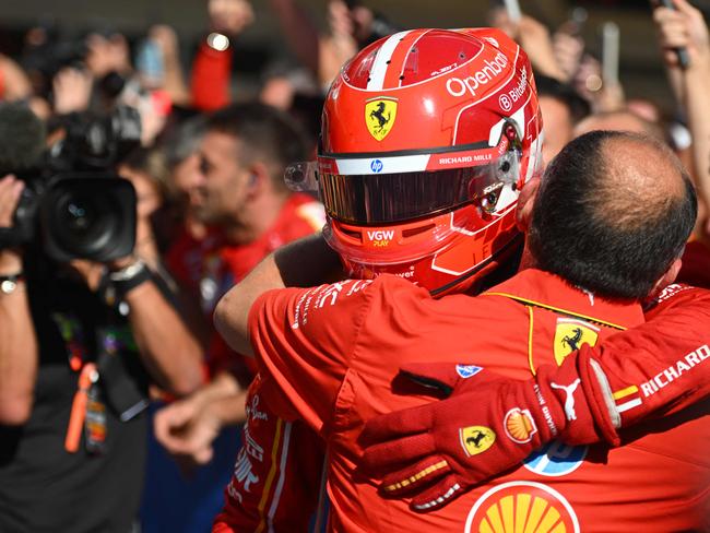 Race winner Charles Leclerc of Ferrari celebrates the win. Picture: Getty