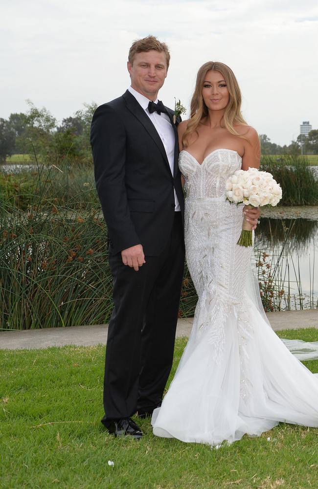 Brett Finch and Elli Johnston at their 2018 wedding at Albert Park, Melbourne. Picture: Josie Hayden