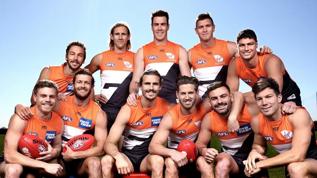 Inaugural Giants, from back left to right, Matt Buntine, Nick Haynes, Jeremy Cameron, Adam Tomlinson, Jonathon Patton. Front Adam Kennedy, Sam Reid, Phil Davis, Callan Ward, Stephen Coniglio and Toby Greene. Picture. Phil Hillyard