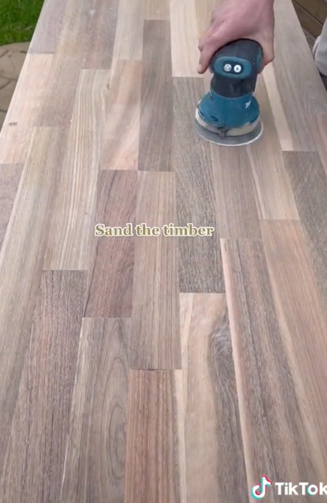 They sanded the timber until it was completely smooth. Picture: TikTok/ondaessentials