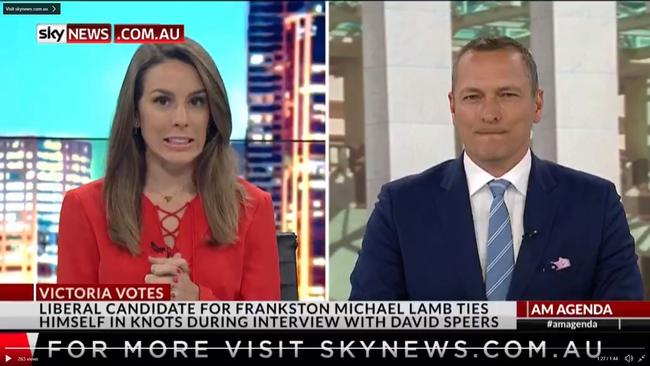 Awkward ... the reaction of Sky News journalists Laura Jayes and Kieran Gilbert after watching David Speers' interview with Michael Lamb says it all. Photo: Sky News Australia