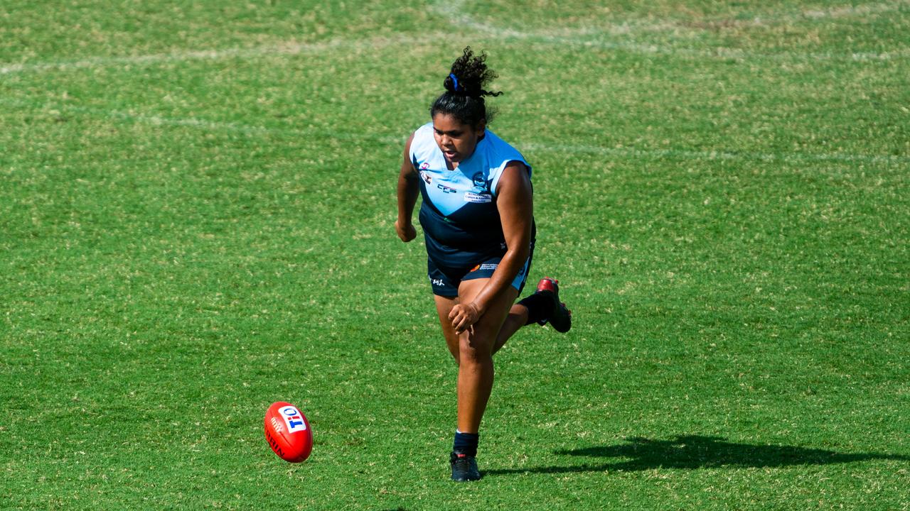 2020-21 NTFL Women's Premier League Grand Final - Darwin Buffettes v PINT Queenants. Molly Althouse chases down the footy. Photograph: Che Chorley