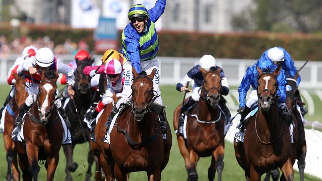 Caulfield Cup Day. Race 8. The Caulfield Cup. Nicholas Hall aboard Jameka celebrates as he wins the Caulfield Cup. Pic: Michael Klein