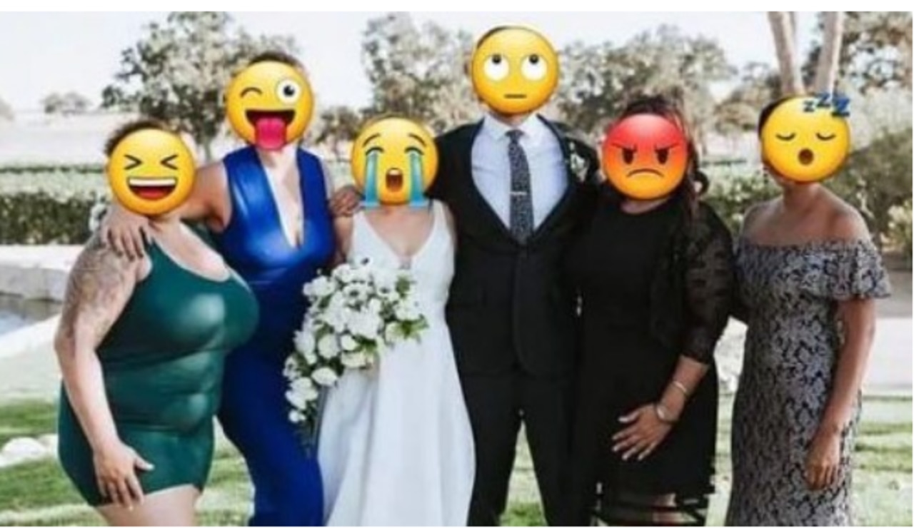 A furious bride asked for a photo to be edited after her cousin wore a skin tight body con dress to her wedding. Picture: Facebook