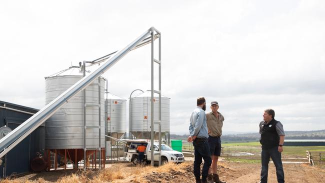 Tasmanian farmer Richard Gardner chats with Sea Forest chief executive Sam Elsom as they meet with Fonterra Farm Source regional manager Darren Smart to discuss the seaweed trial. Photo: supplied.