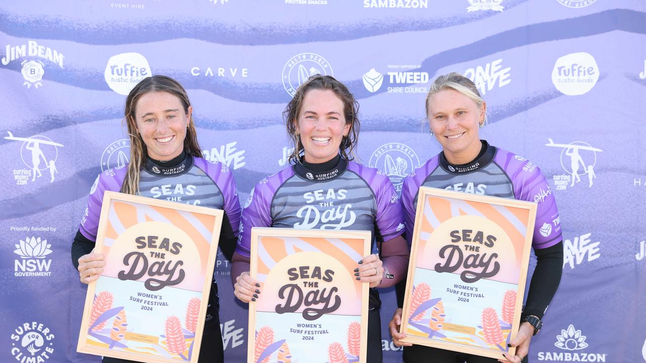 Tully White, Tory Gilkerson and Kirra Molnar at Seas The Day Womens Surf Festival at Kingscliff for Gold Coast at Large. Picture, Portia Large.
