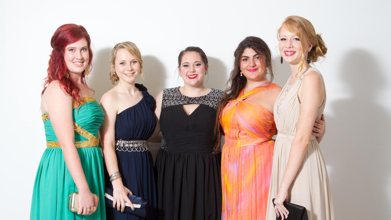 Clair Kiely, Elise Williams, Jaymee Mikaelian, Teri Roussos and Georgia McLean at the 2012 Kormilda College formal. Picture: SHANE EECEN / NT NEWS