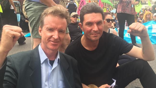 Jonathan Doig, left, with former Green Scott Ludlam at an Extinction Rebellion protest in Sydney in October last year.