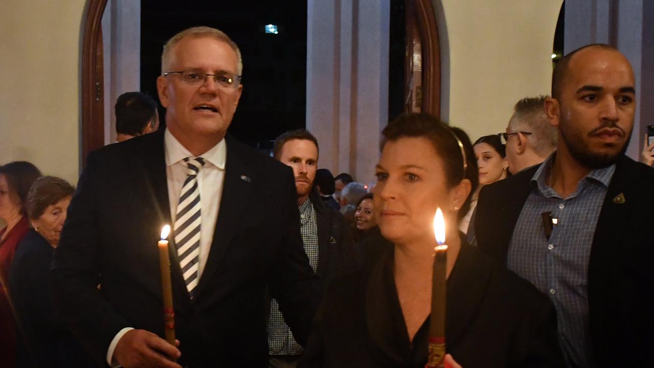 Prime Minister Scott Morrison and wife Jenny attended a Greek Easter church service on Saturday night. Picture: AAP.